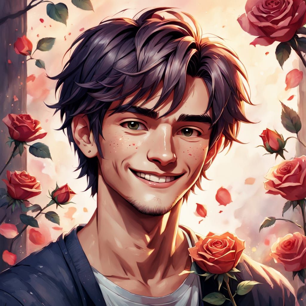 Handsome Young Man with Rose in Pastel Watercolor Portrait