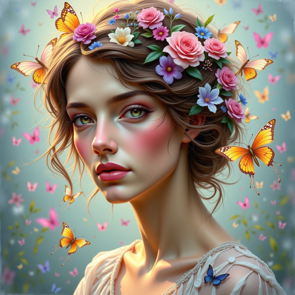 A serene portrait of a woman with flowers woven into her hair, surrounded by softly glowing butterflies. The butterflies flutter gently arou...