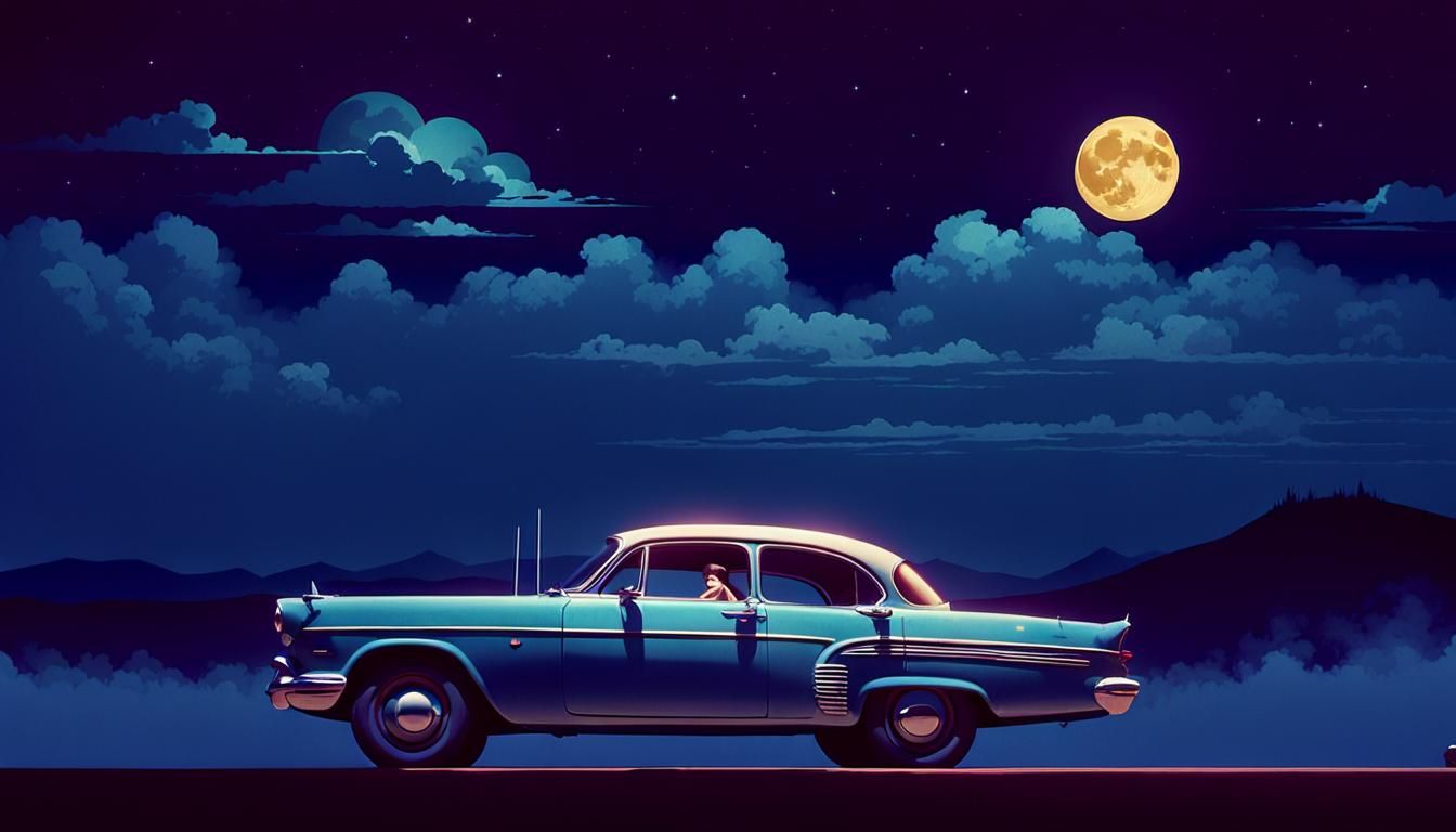 Retro Vintage parked car at night.