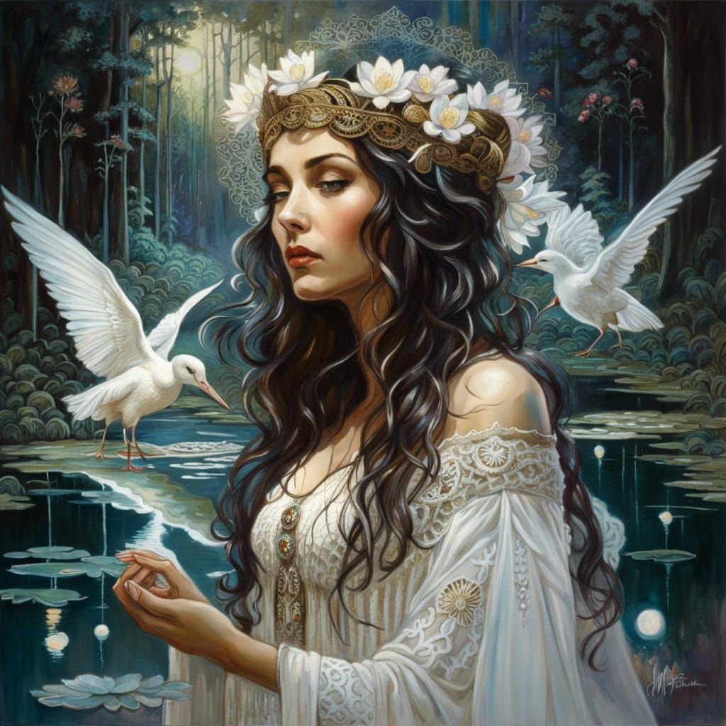 Ornate Greek Goddess in Lotus Pond Reflection