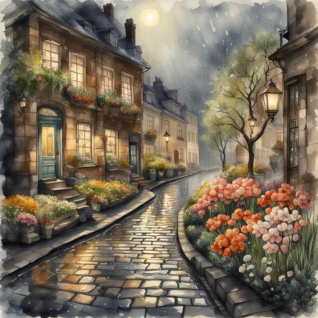 spring rain 
a fabulous city, cobblestones, houses, flowers....
