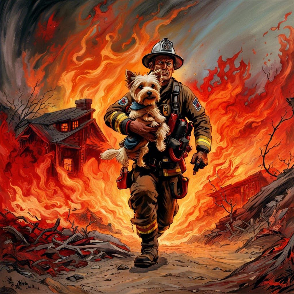 Firefighter saves yorkie  by @mi3ch