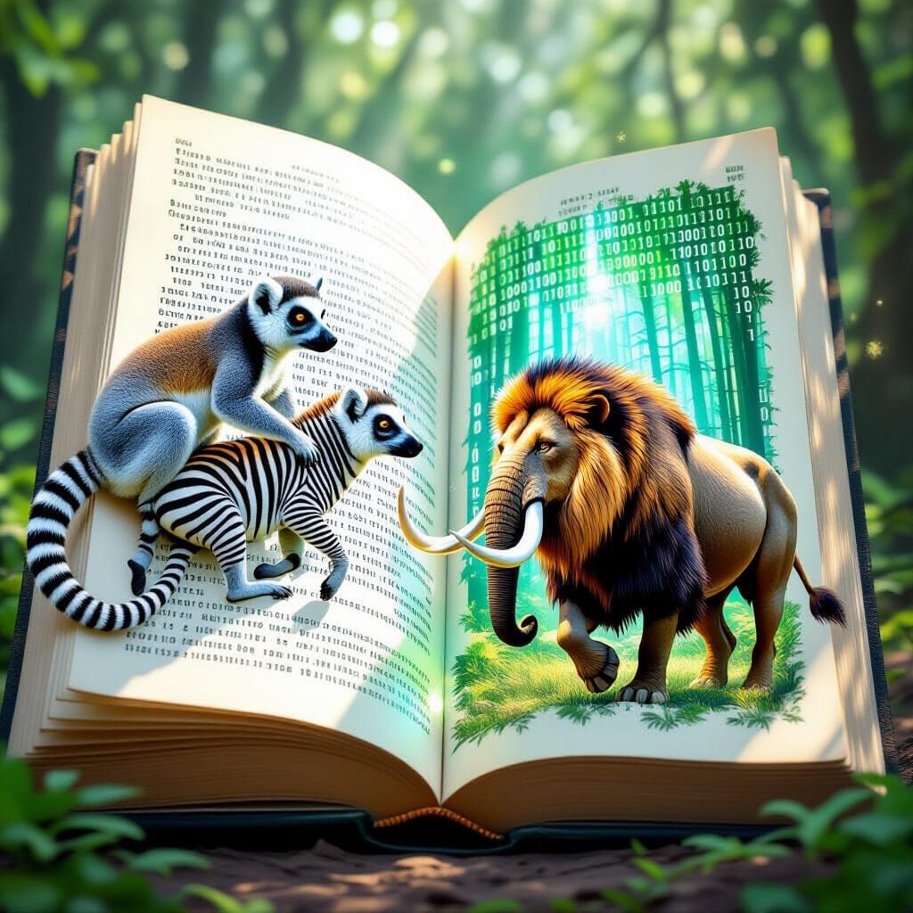 Whimsical and iridescent code binary art of an open book, a greater bamboo lemur clinging to a zebra, runningfrom a brave lion made up of co... - Start Image 2