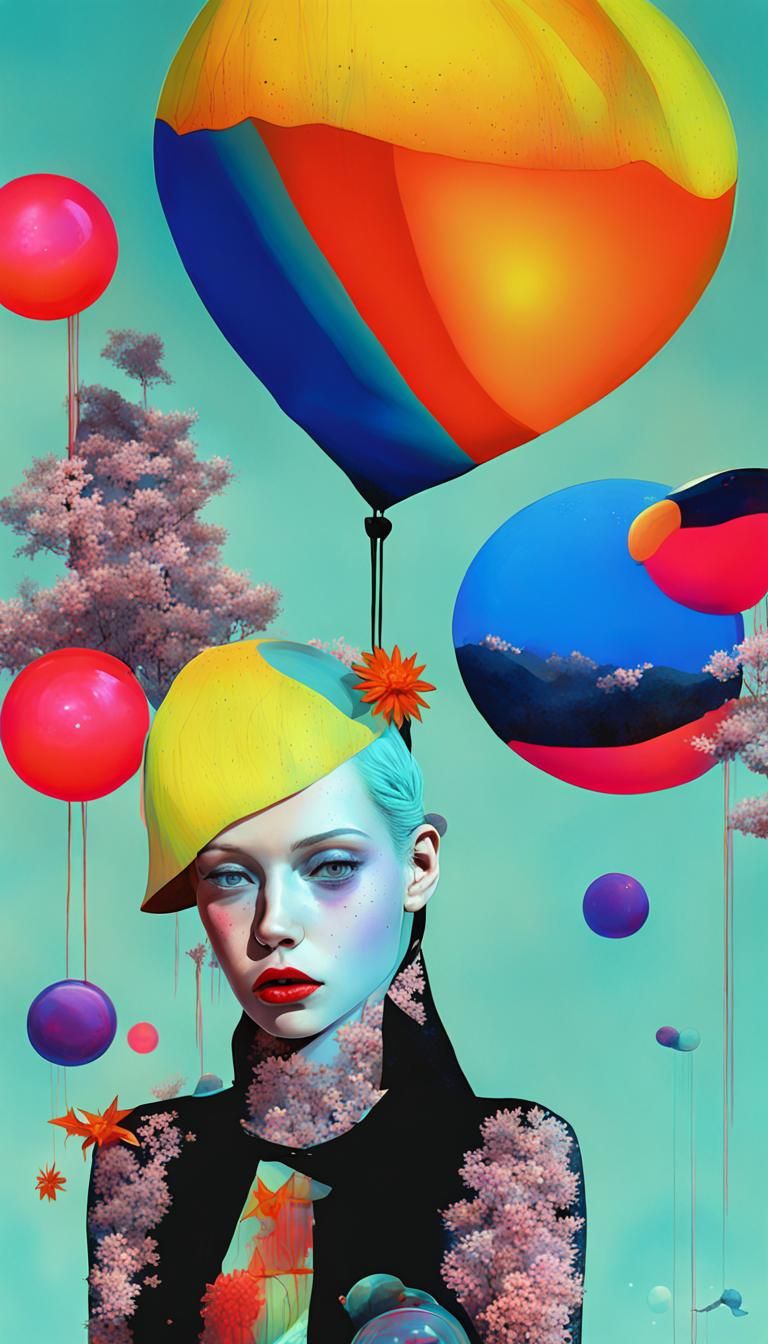 landscape with stars and jelly and neon flowers. Models wear...