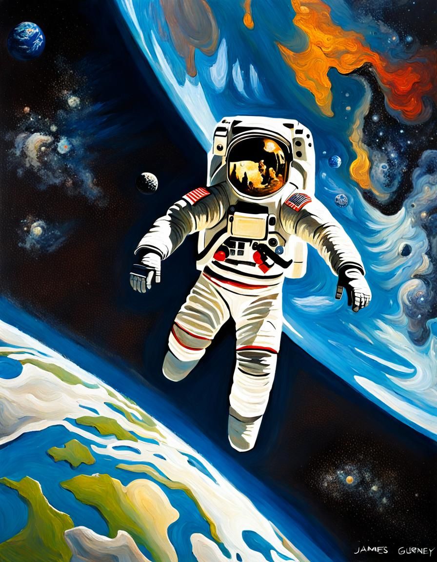 Earthen Human Floating in Space: Oil Painting