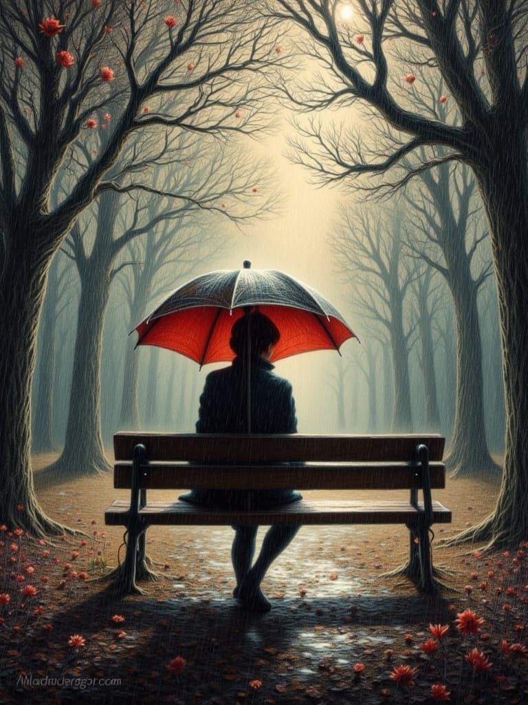 Pencil Sketch of Woman Waiting Under Umbrella in Rain