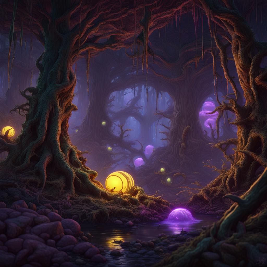 nest of bioluminescent aliens in a strange dark alien forest - AI ...