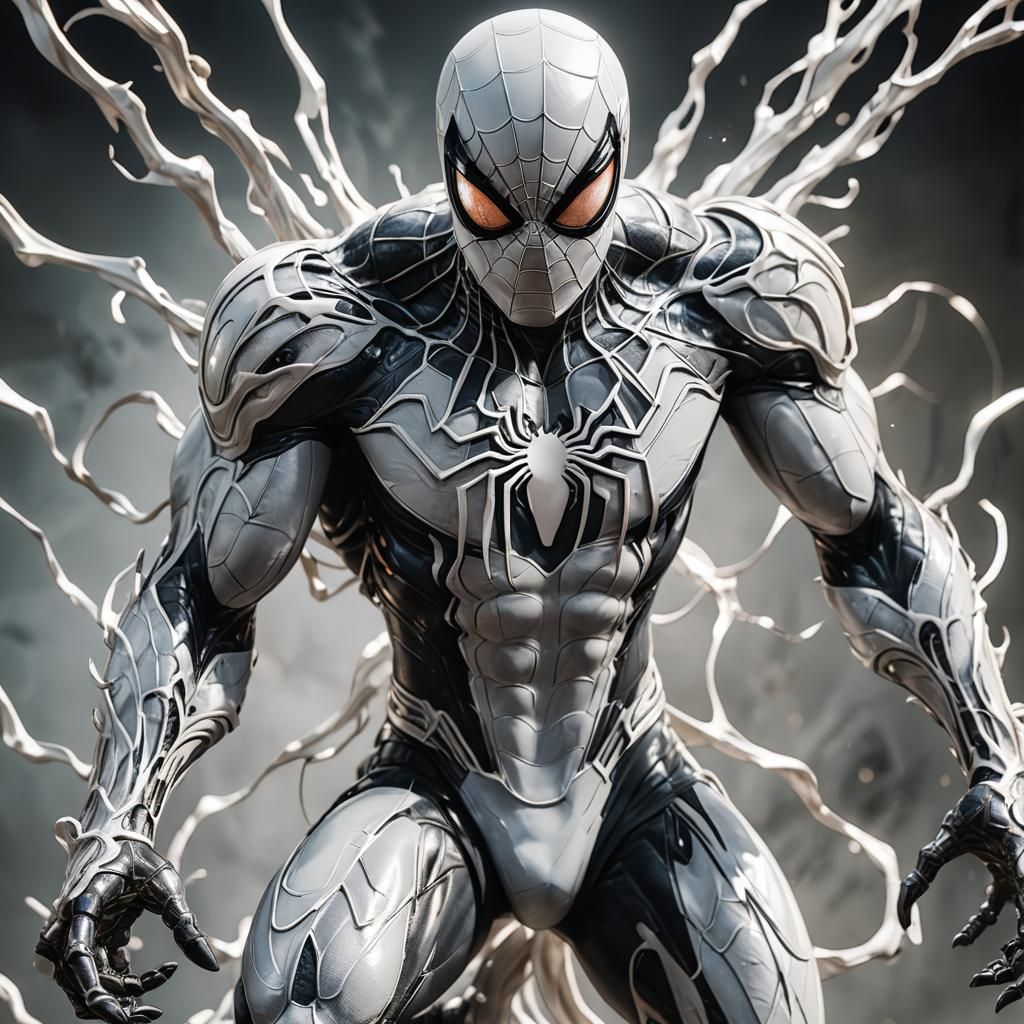 Angelic creature, warrior Spiderman, white symbiote attached, shiny ...