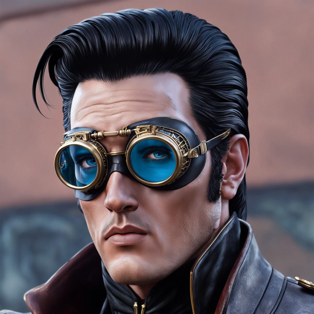Creation, hyper-realistic close-up of a Elvis Presley with black hair with luminous skin and bright eyes, dressed in steampunk clothing, sea...