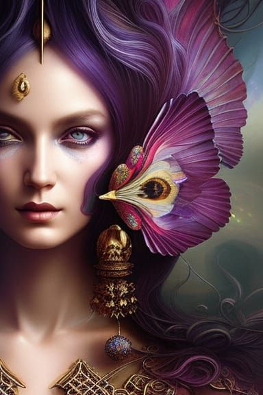 Elaborate Purple Goddess Metamorphosis in Digital Art