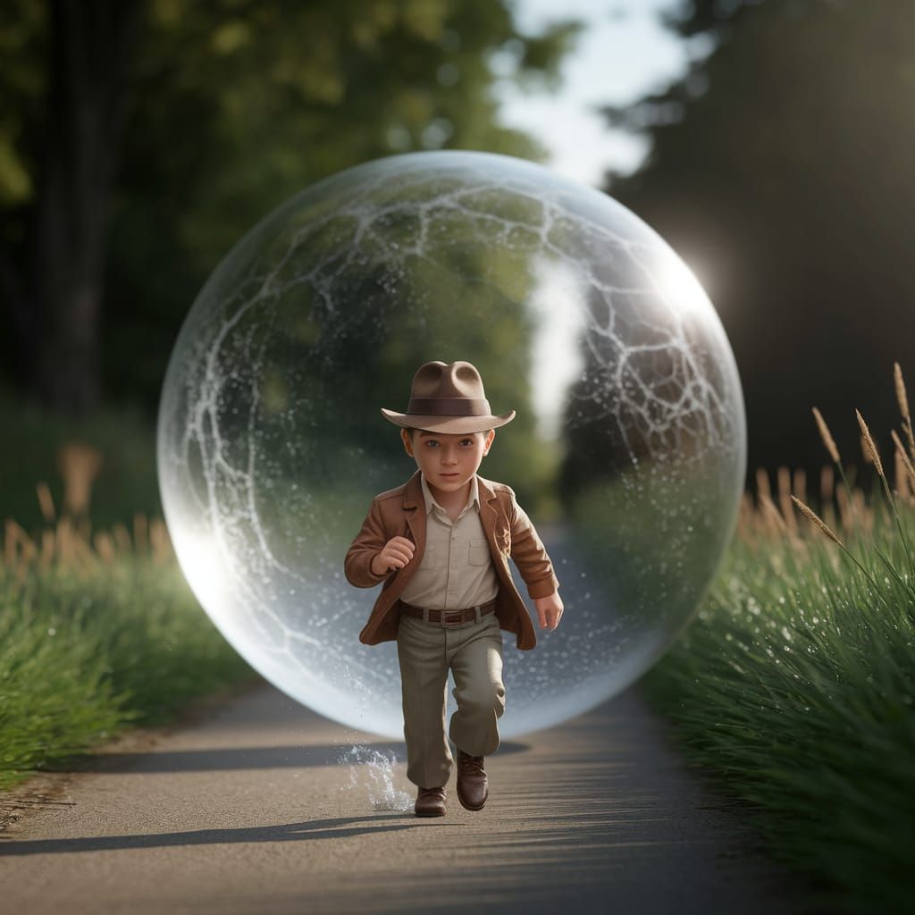Miniature Indiana Jones Chases Dew Globe Down Winding Path