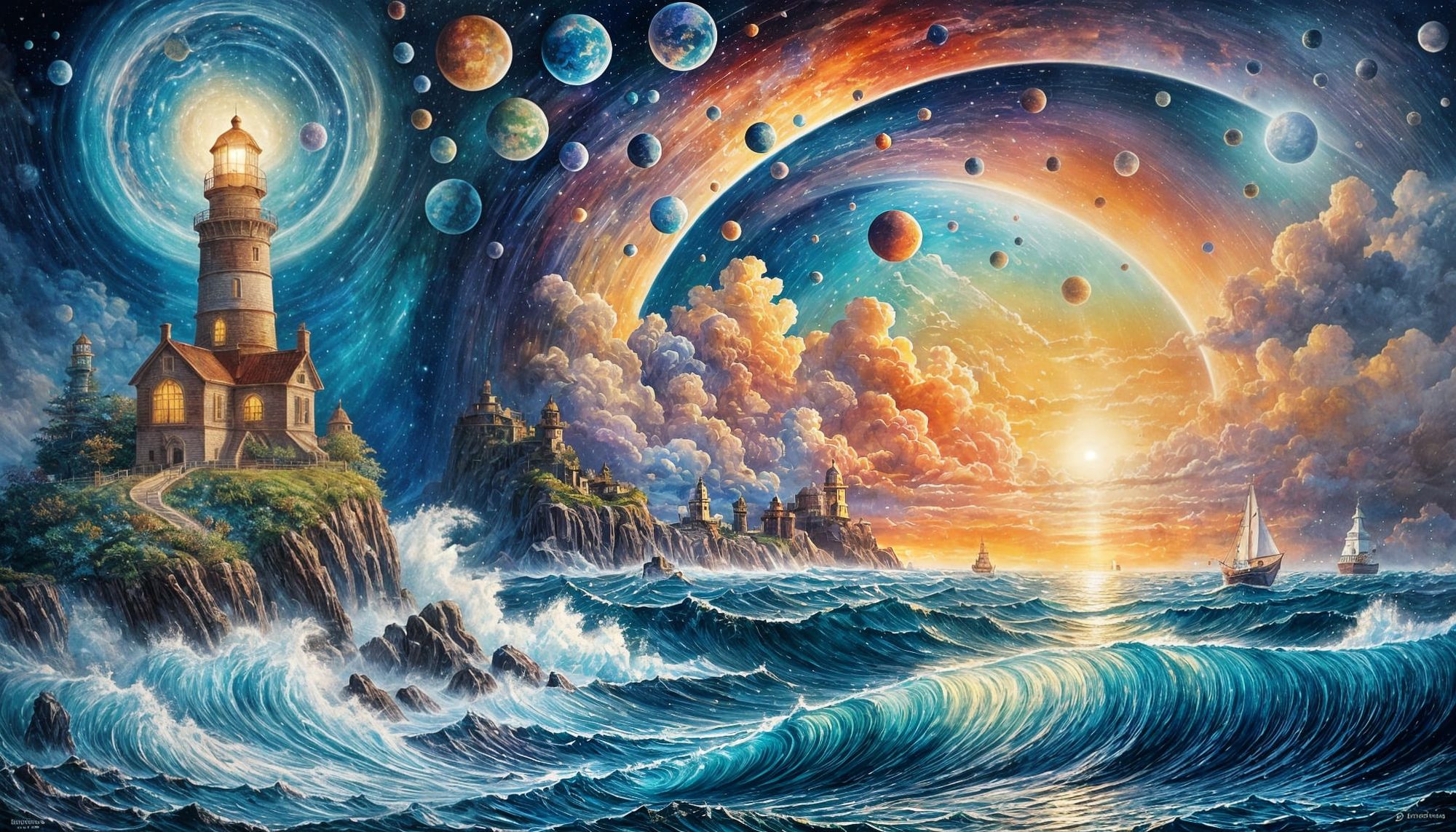 wet on wet, watercolor patchwork midnight lighthouse shining light in the middle of the sea, a crashing waves,   planets, moons, fantasy by...