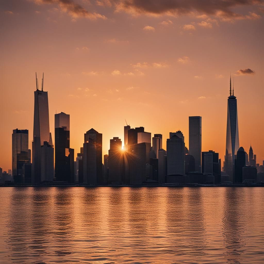City skyline across the water at sunset