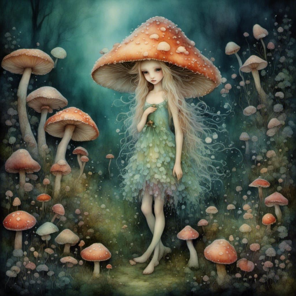 <lora:Eerie Mist:1.0> twiggy mushroom fairy 