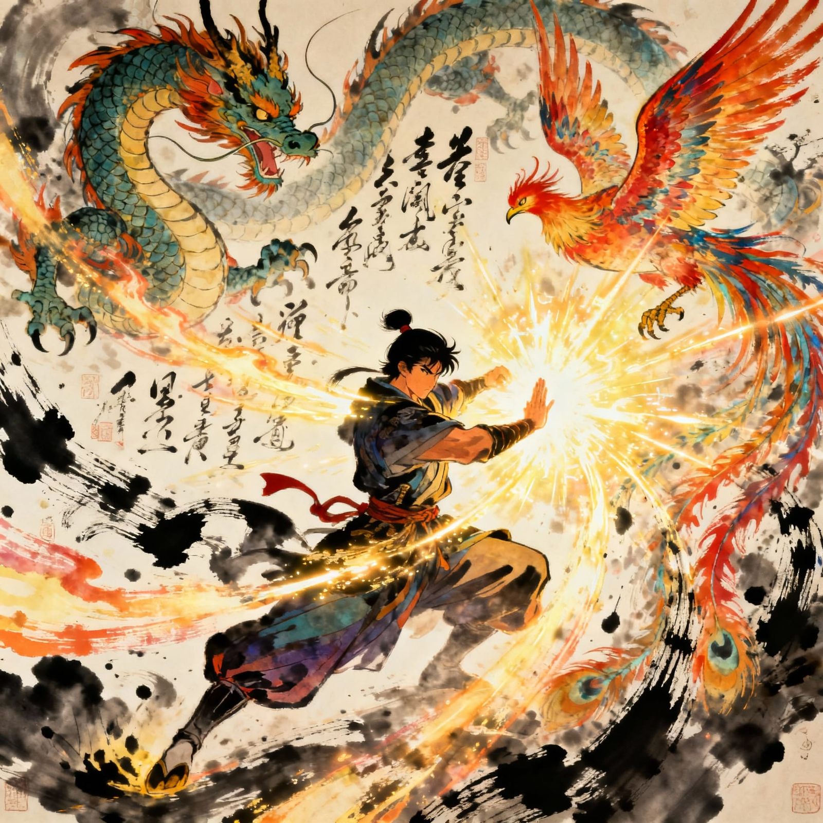 A powerful mage-warrior explodes with radiant ink strokes, his attack painting the battlefield in luminous ...  by @Karina 