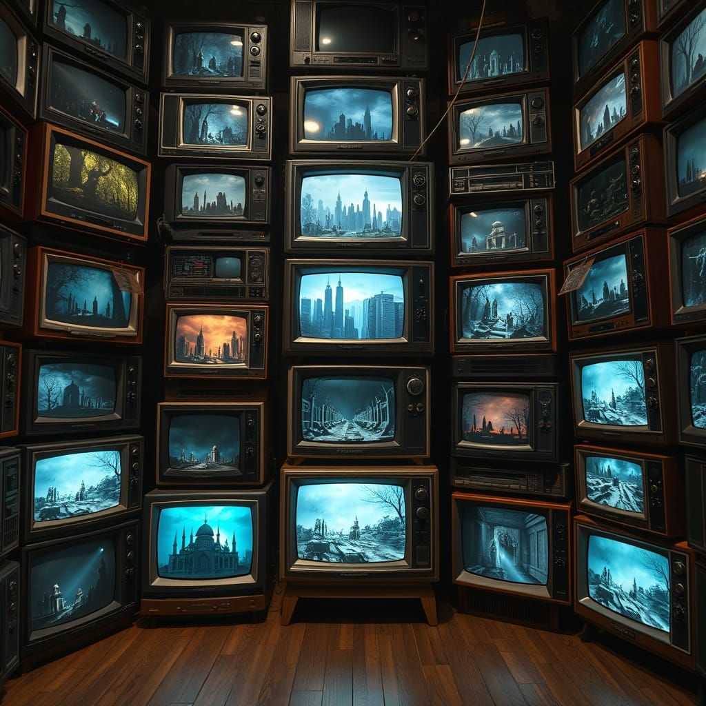 Colossal TV Library Displays Horror Film Scenes - AI Art