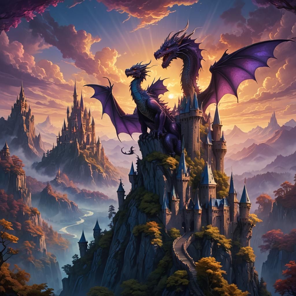 Dragon Perched on Castle Overlooking Mystical Forest