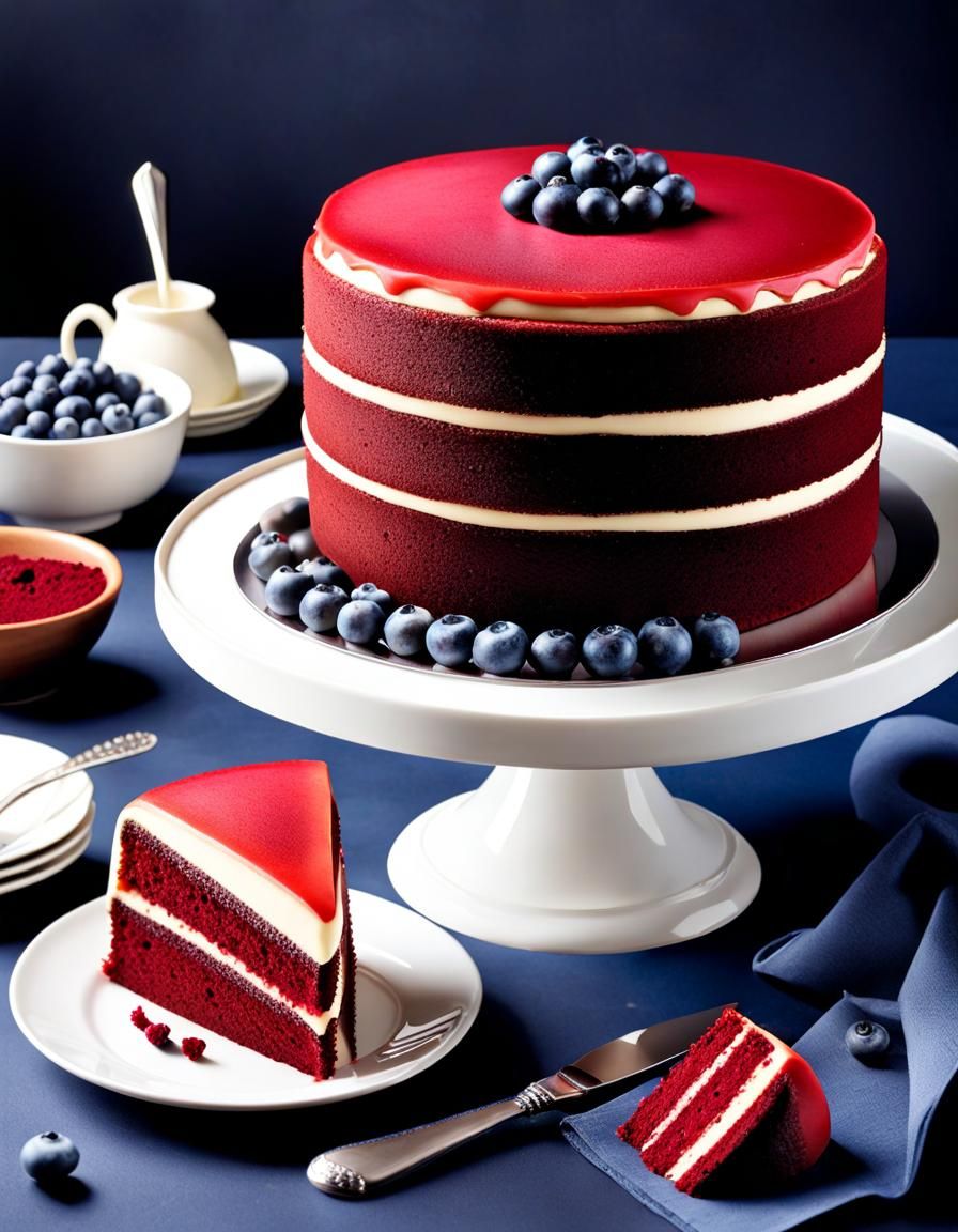 Red Velvet Cake with Vanilla Frosting and Blueberries