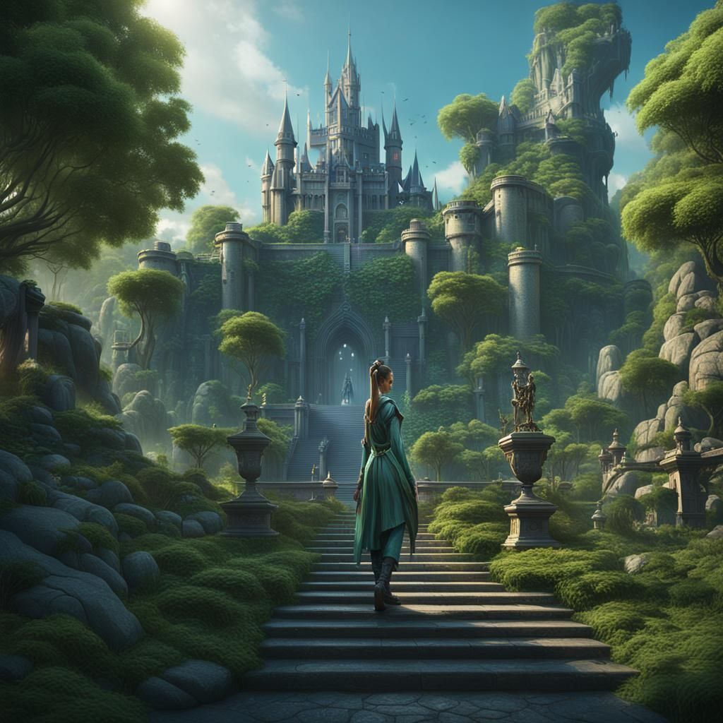 futuristic city, green plants and trees, big castle, big sto...