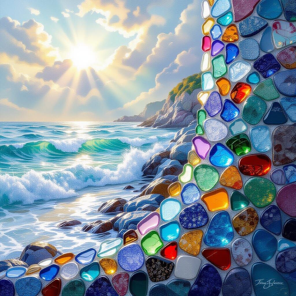 A stunning mosaic wall made entirely of colorful sea glass pieces, shimmering under soft sunlight, with ocean waves gently crashing in the b...