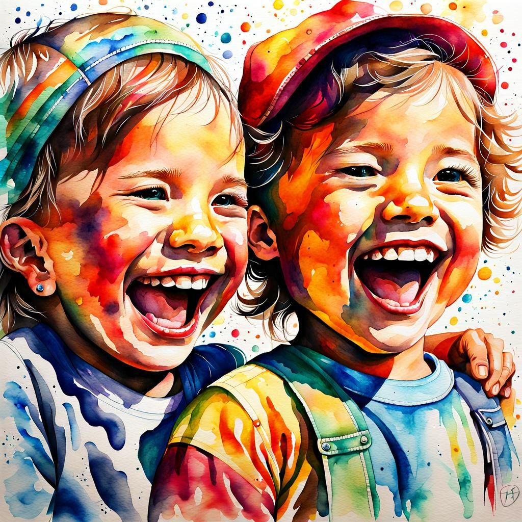 "childhoood laughing best friends" Watercolor drawing with s...
