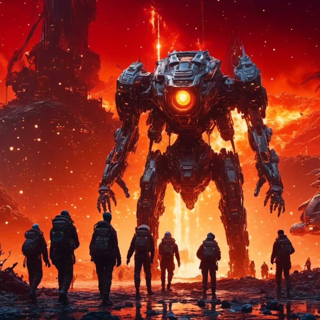 <lora:eye:1.0>  A damaged battle-mech emerges from a burning alien town with soldiers walking in front of it.