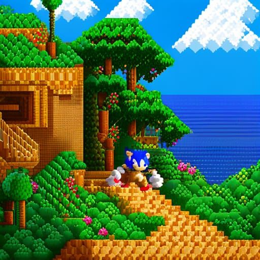 Sonic the hedgehog with tree und sea green hill zone 8 bit sprite - AI  Generated Artwork - NightCafe Creator