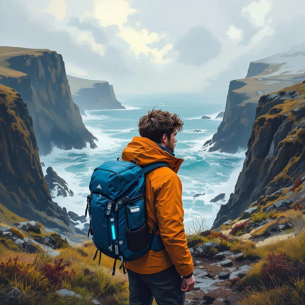 Hiker Exploring Rugged Coastline in Sci-Fi Style
