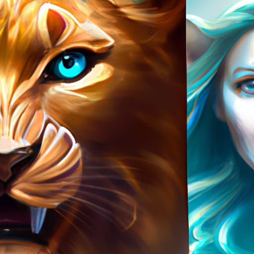 A ferocious blue-eyed cat facing a green-eyed lioness head a...