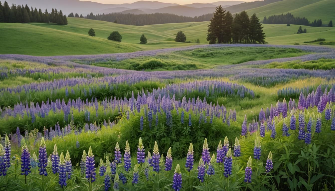 Rolling field of Lupin flowers