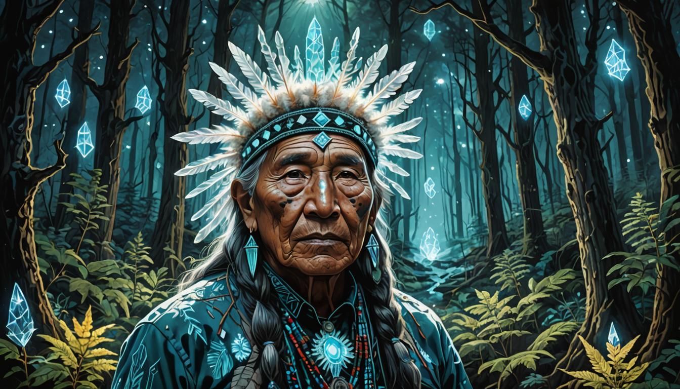 native american elder, spirit animal, crystals, forest scene...