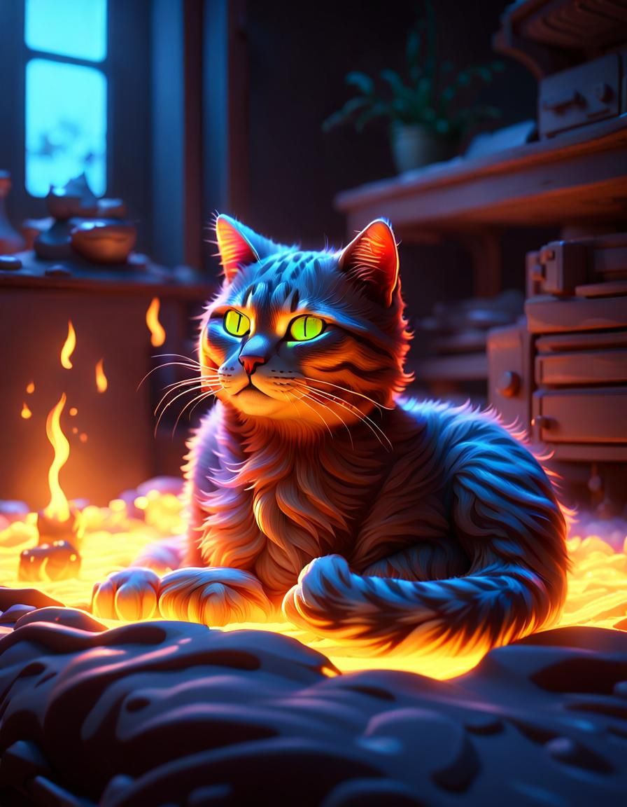 Cat, lounging on a soft fluorescent bed with a stove, eyes c...