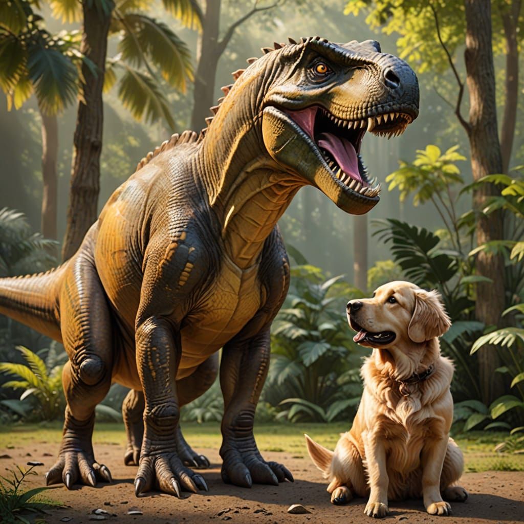 A large dinosaur making friends with a Golden Retriever. 