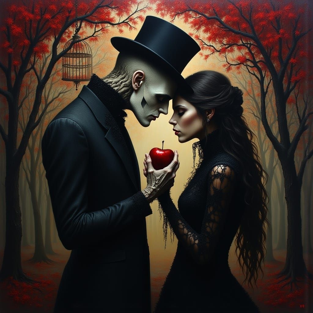 <lora:MJ6 Macabre:1.0> A man with a white skull-like face and a black top hat, wearing all dark Victorian-style , holds an apple in his han...