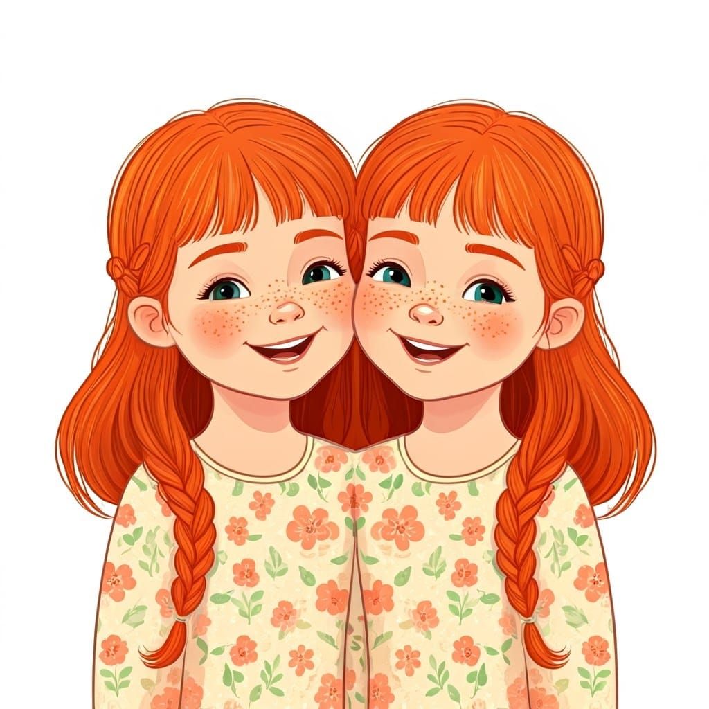 Whimsical Red-Haired Twins in Floral Dresses