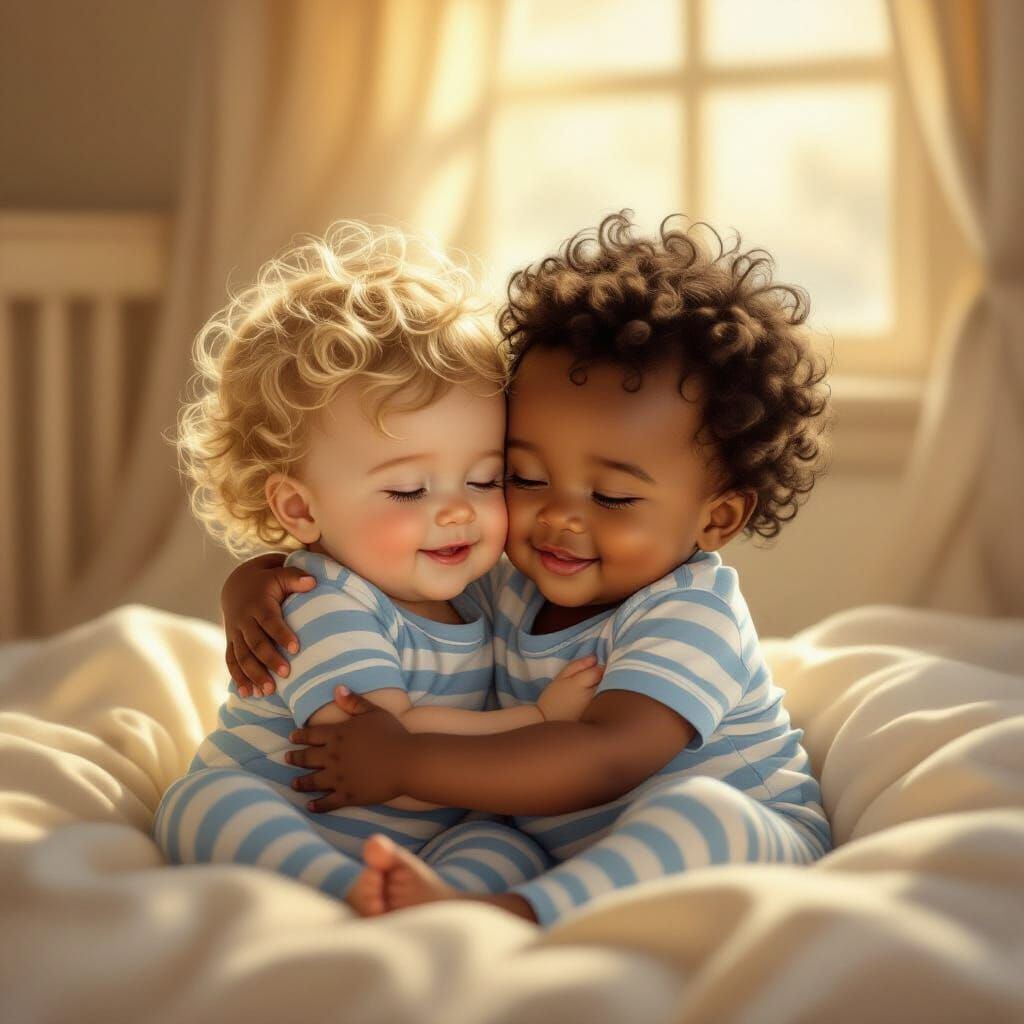 Adorable Baby Twins Hugging in Sunlit Nursery