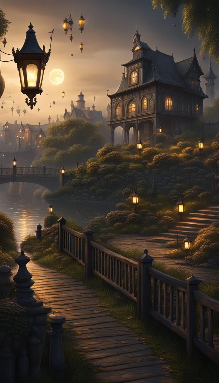 Haunted city, houses, garden, lantern, fence, bench, pathway...