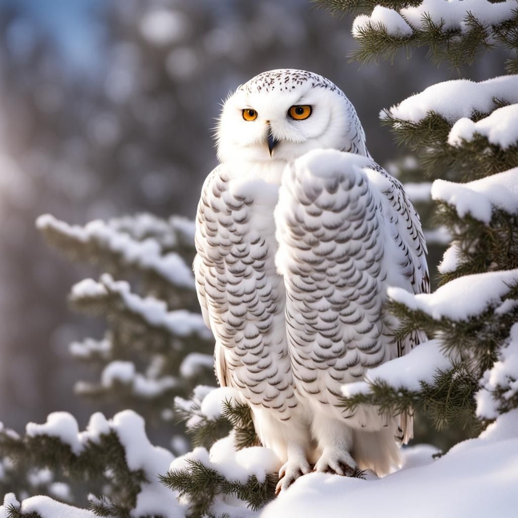 A snowy owl peeking out from a snow covered tree,