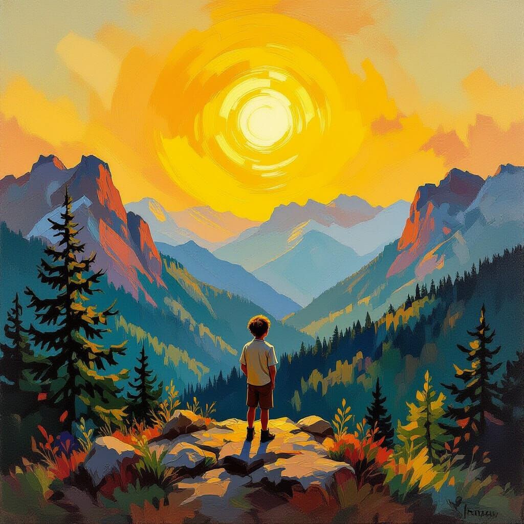 Make a breathtaking scenery, with natural and vibrant colors. Make it artistic. A boy is looking standing on a little knoll. On the  left th...
