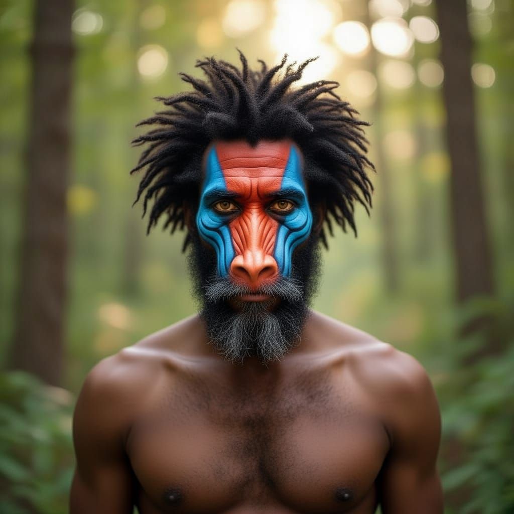 We are creating a high-definition, photorealistic image of a man in a forest setting, photographed from the waist up. While he is fully huma...