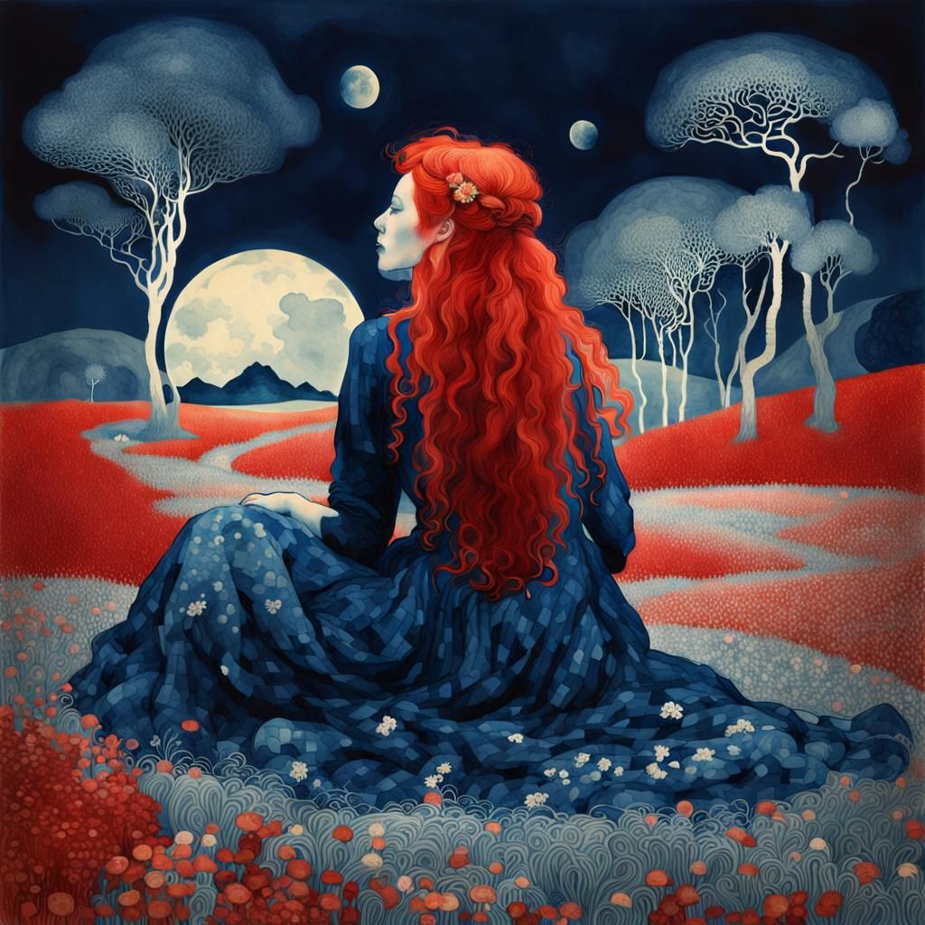 Ethereal Cyanotype Landscapes. Klimt Red haired beautiful wo...