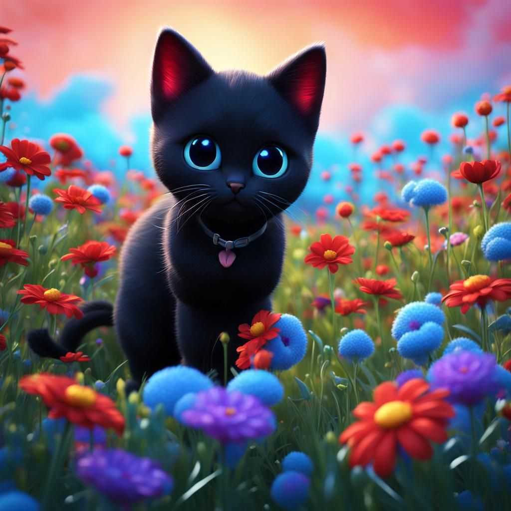 cute small black kitty on the meadow with blue and red flowe...