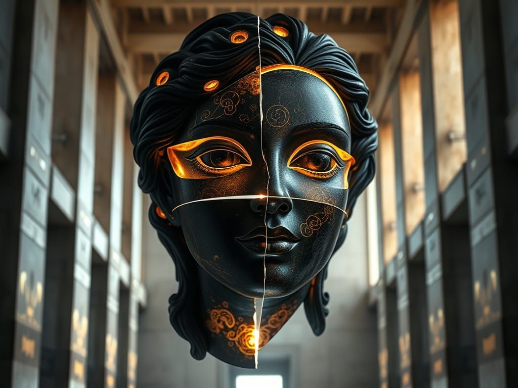 A mesmerizing, mythologically inspired bust sculpture of a celestial female figure, meticulously segmented ...  by @Chris