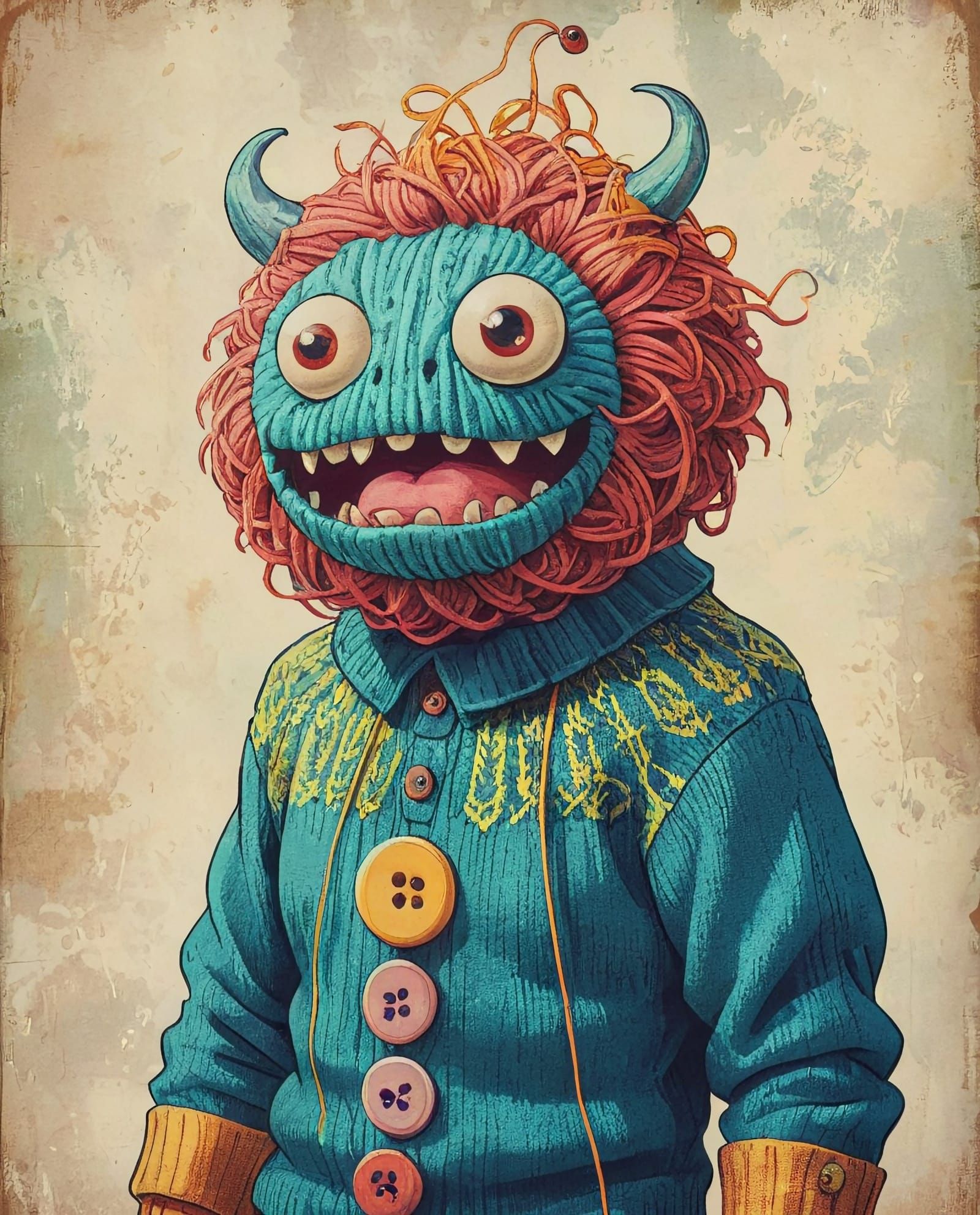 Yarn monster knitting a sweater, pop surrealism (4 images fr...