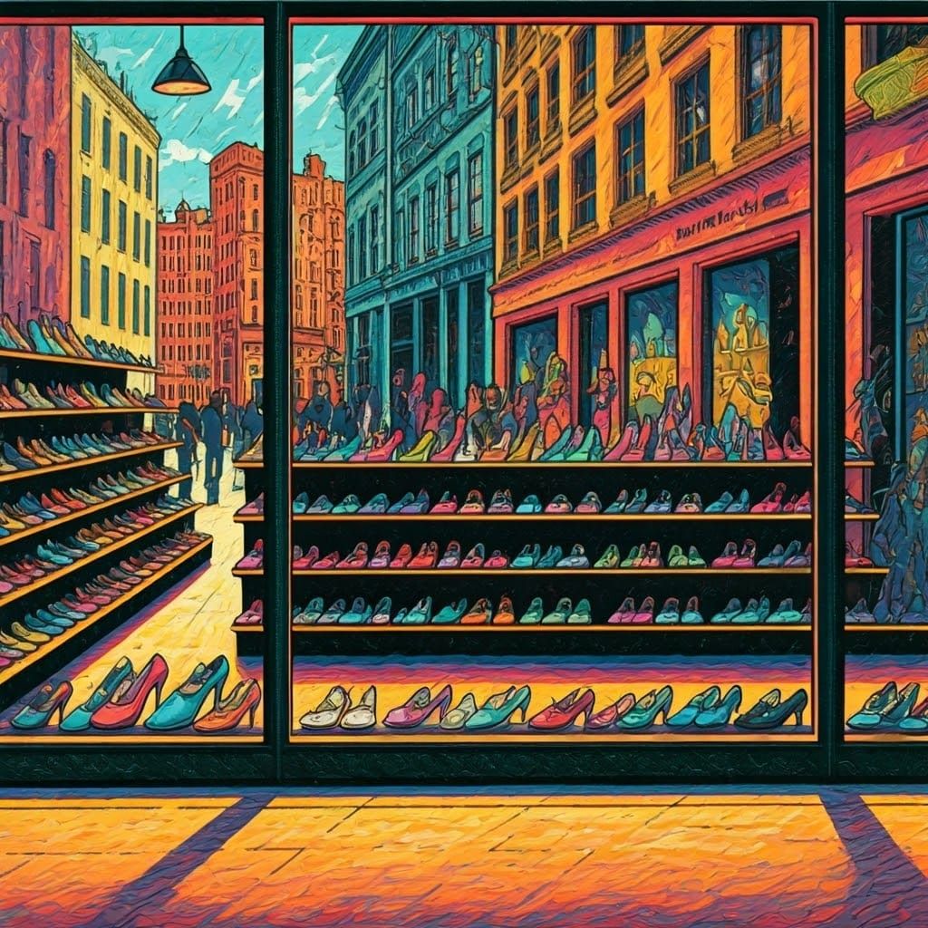 Vibrant Colorful Shoe Store in a Bustling City