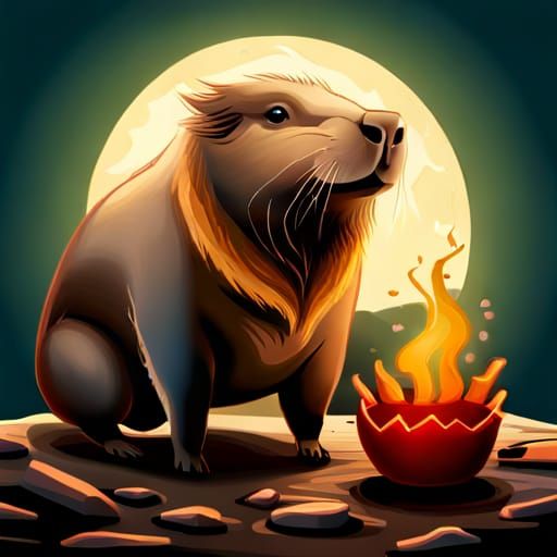 "Create an image featuring a deity Capybara and a cultist wo...
