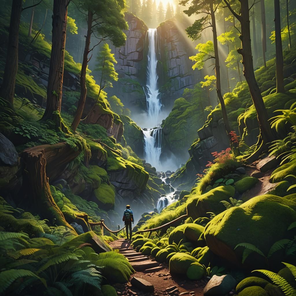 Pixar-Style Forest Scene with Waterfall in 3D