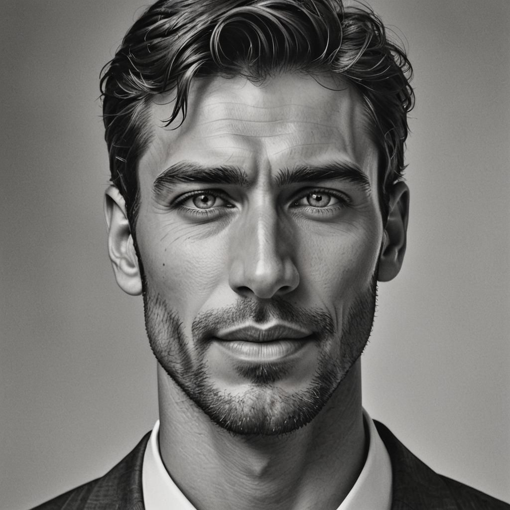 The man's face is a masterpiece of symmetry and refinement, ...
