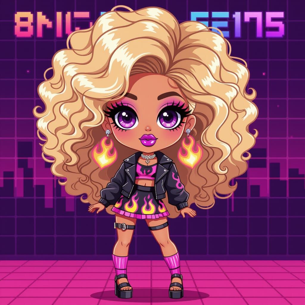 A full-body digital illustration of a chibi-style fashion doll with large eyes and a disproportionately large head. The doll has brown skin,...