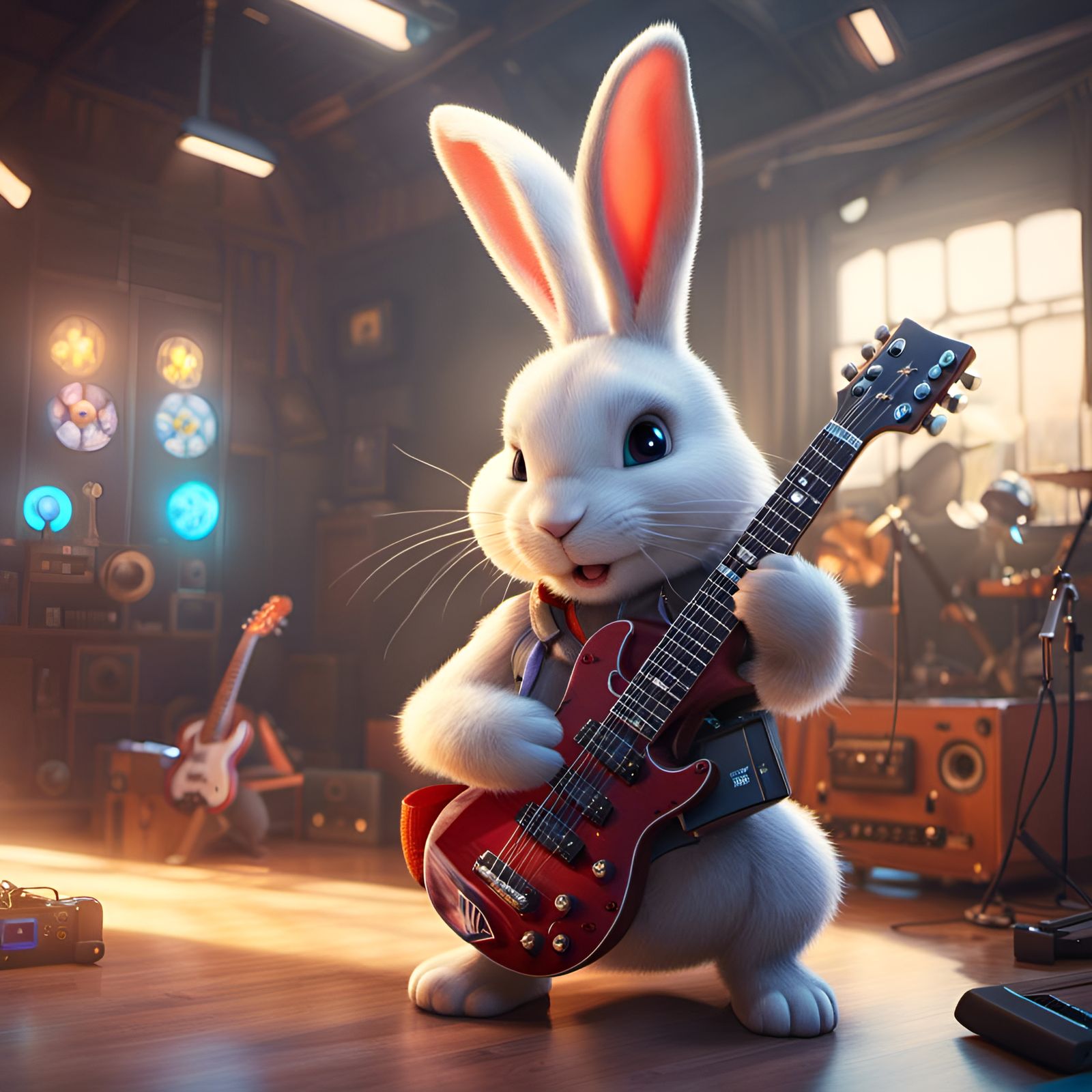 happy singing bunny plays electric guitar 